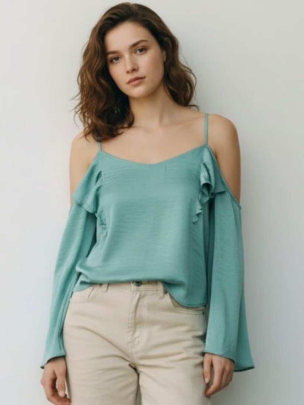 Gianni Bini - Green Ruffle Long Sleeve Cold Shoulder Blouse Size XS